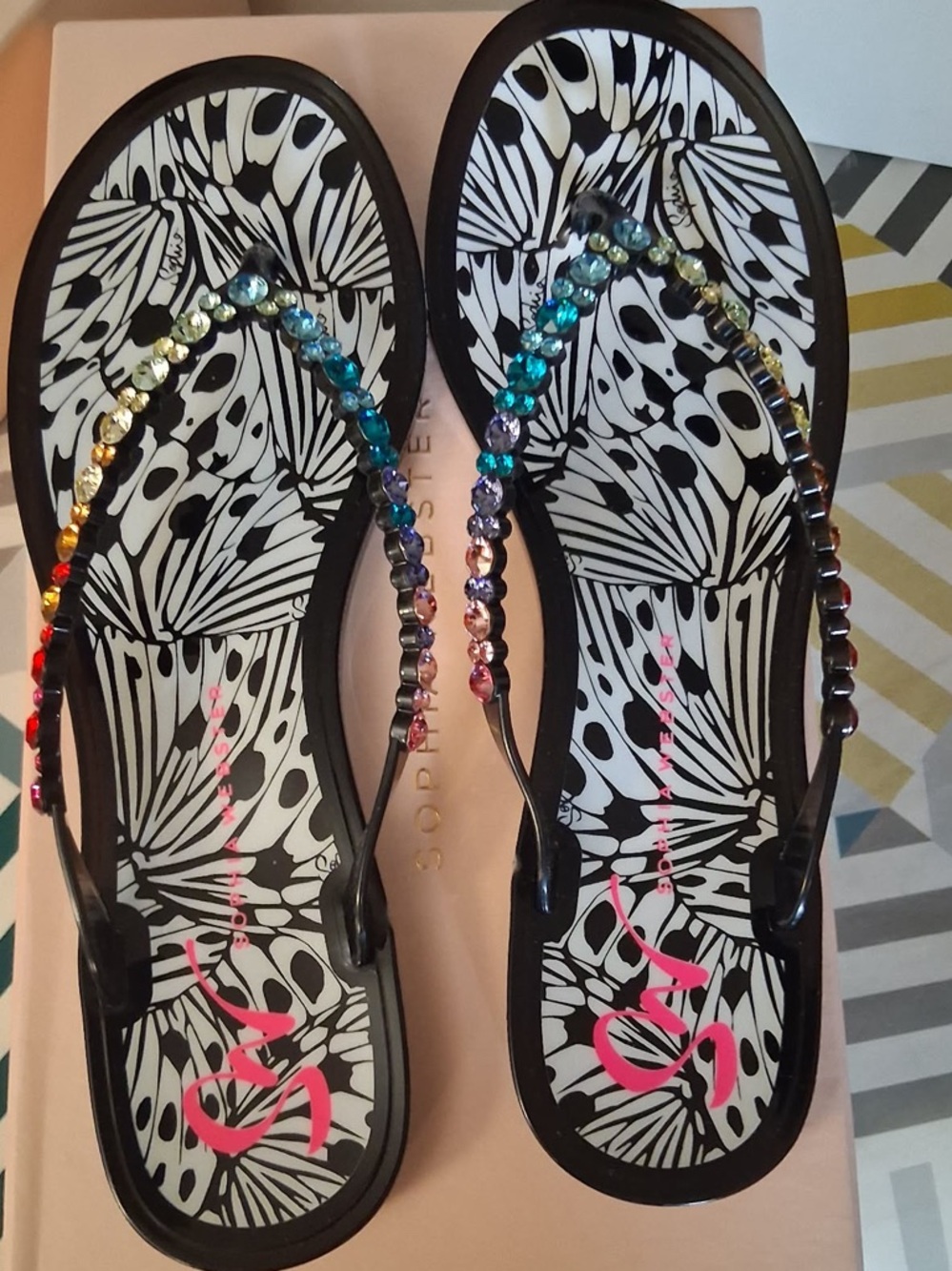Sophia Webster Black Flip Flop Sandals with Rainbow Gem Straps